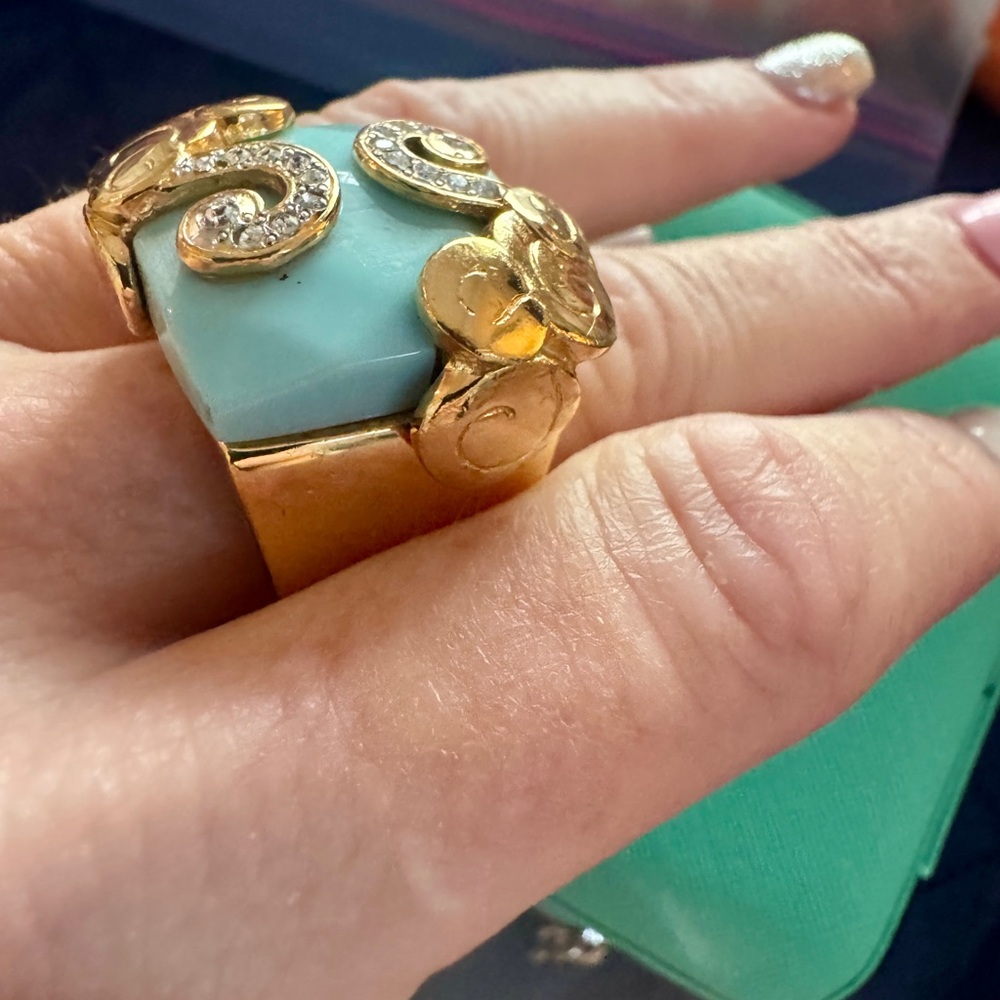 Gold And Turquoise Blue Statement Ring - image 4